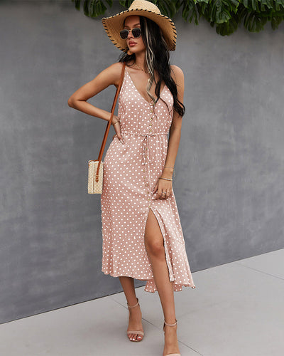 Polka Dot Button-Front Spaghetti Strap Midi Dress
