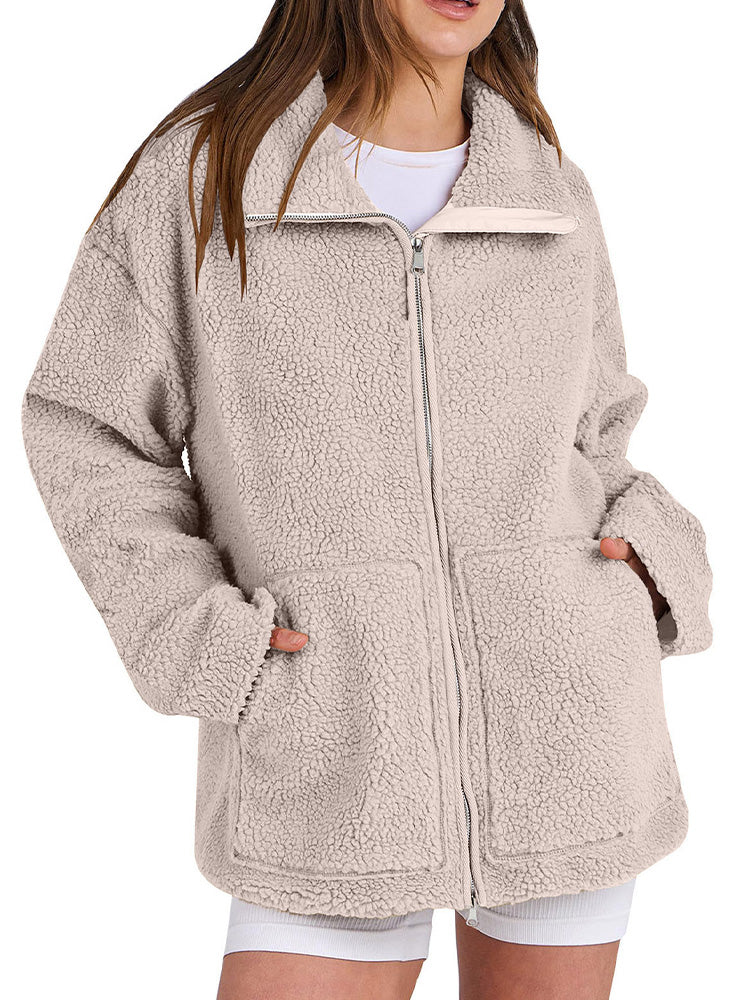 Chaqueta acogedora de polar sherpa con cremallera para mujer