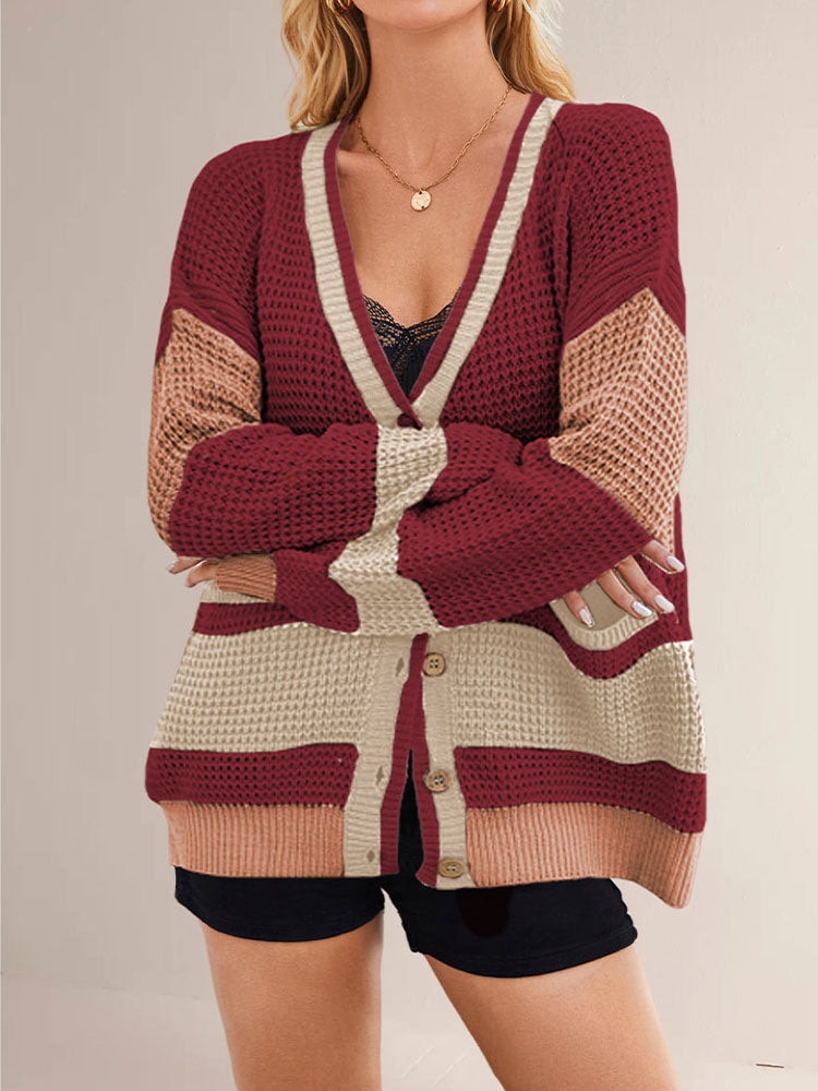 Women's Color-Block Waffle-Knit Acrylic Cardigans