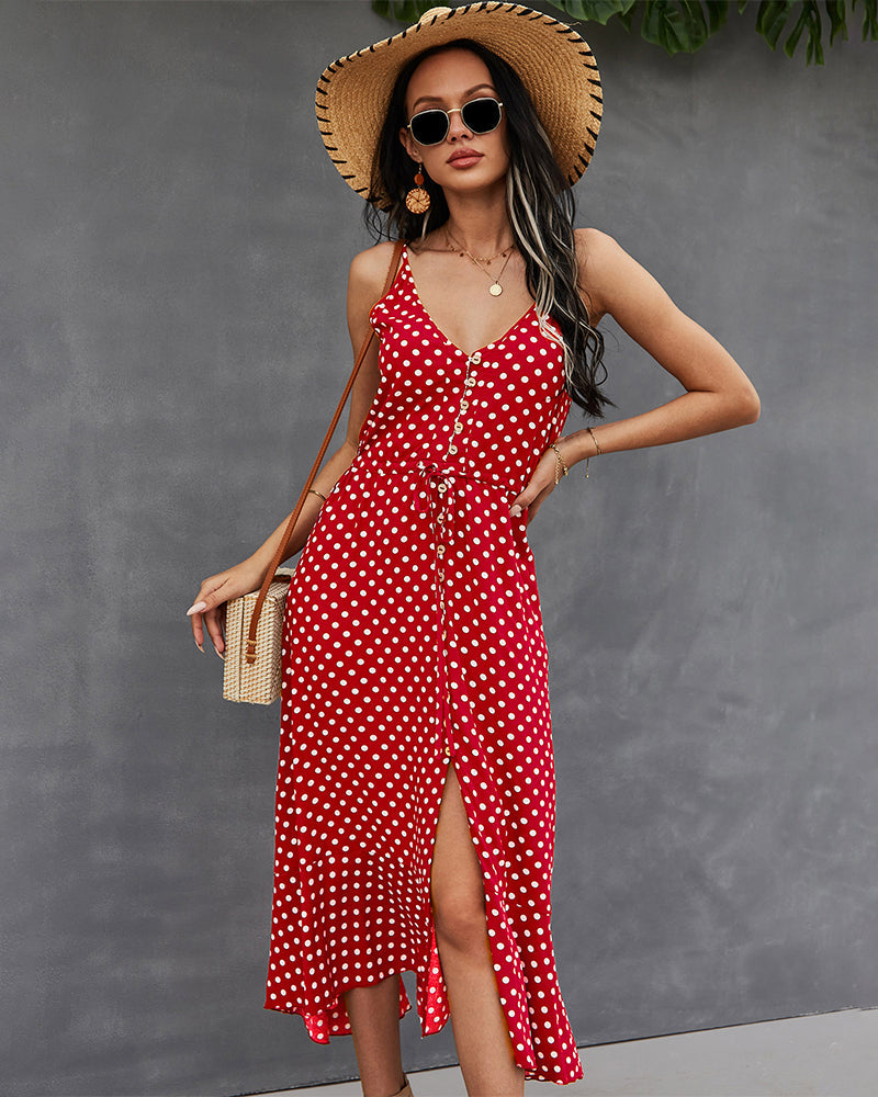 Polka Dot Button-Front Spaghetti Strap Midi Dress
