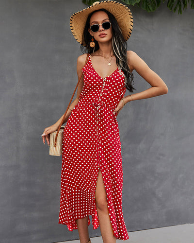 Polka Dot Button-Front Spaghetti Strap Midi Dress