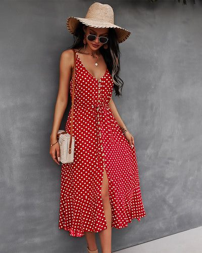 Polka Dot Button-Front Spaghetti Strap Midi Dress