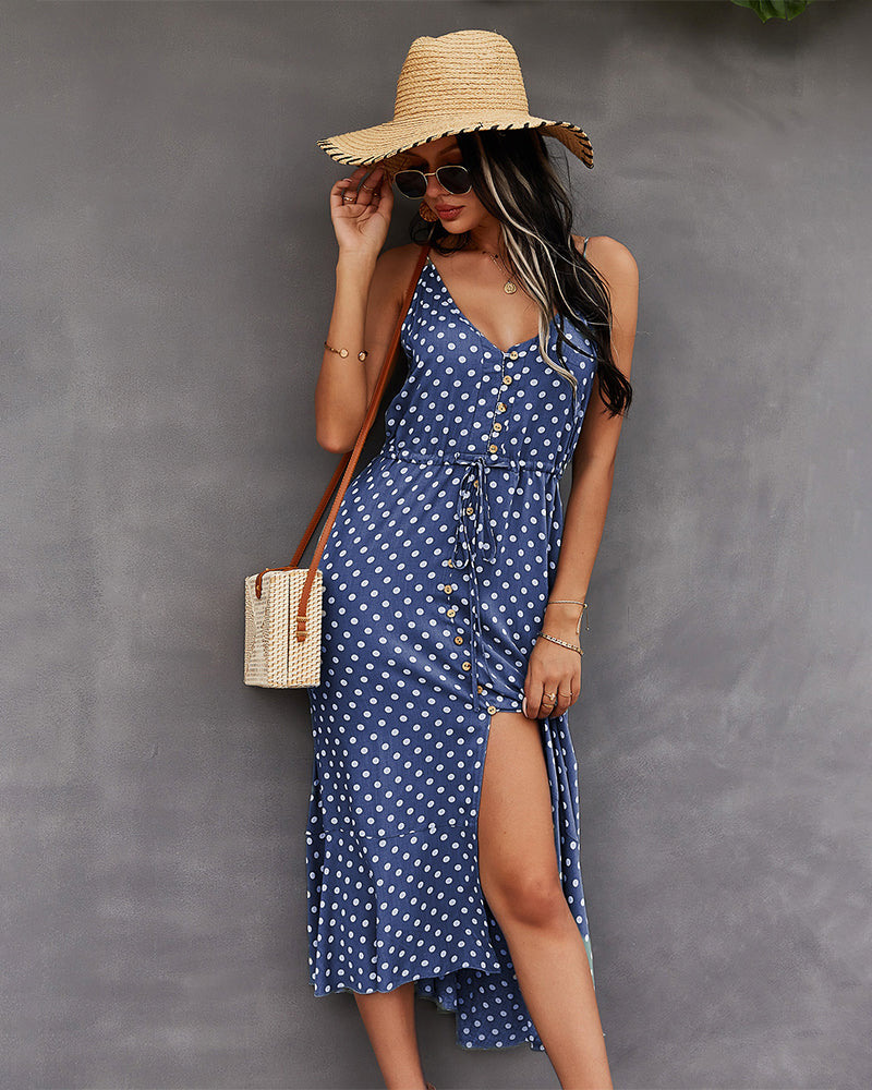 Polka Dot Button-Front Spaghetti Strap Midi Dress