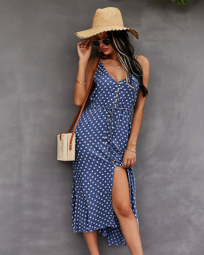 Polka Dot Button-Front Spaghetti Strap Midi Dress