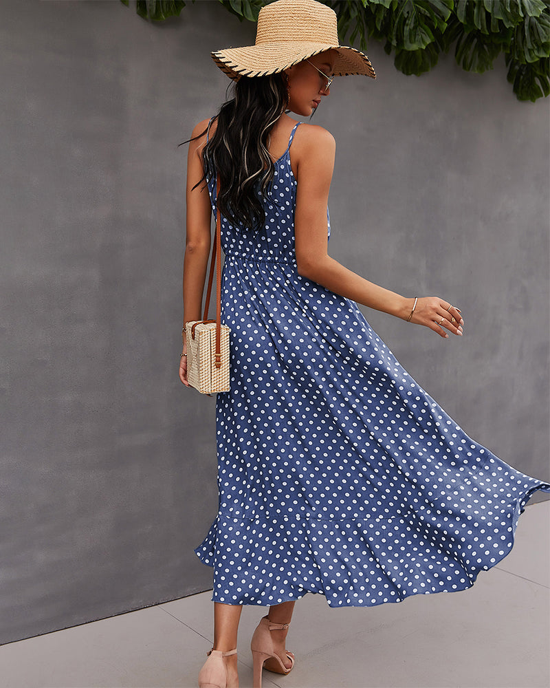 Polka Dot Button-Front Spaghetti Strap Midi Dress