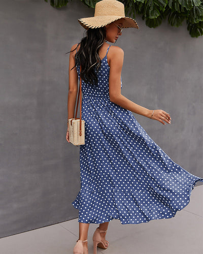 Polka Dot Button-Front Spaghetti Strap Midi Dress