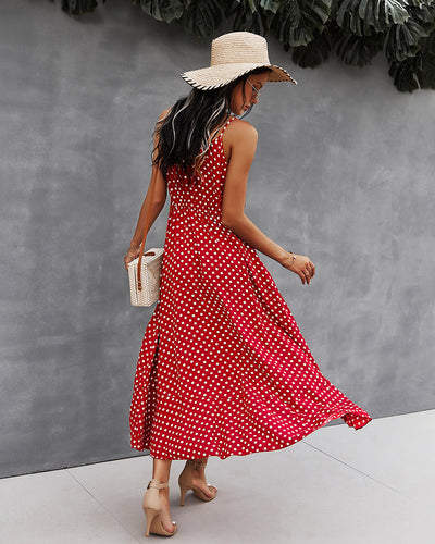 Polka Dot Button-Front Spaghetti Strap Midi Dress