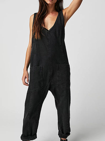 V-neck Suspender Denim Jumpsuit