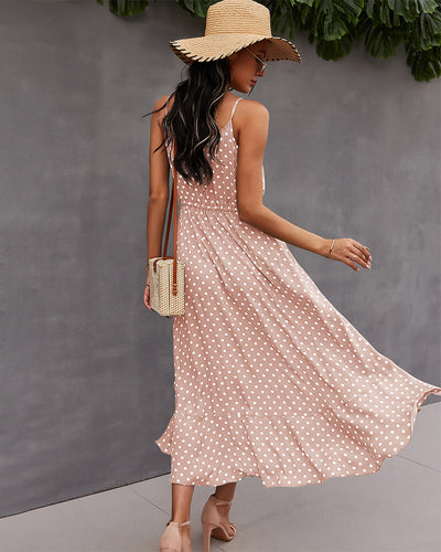 Polka Dot Button-Front Spaghetti Strap Midi Dress