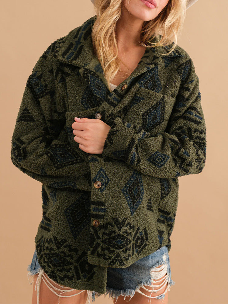 Aztec-Inspired Sherpa Fleece Oversized Jacket