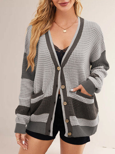 Women's Color-Block Waffle-Knit Acrylic Cardigans