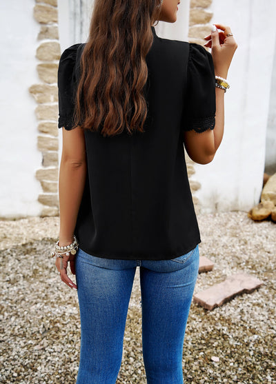 Elegant Pleated Blouse with Lace Puff Sleeves