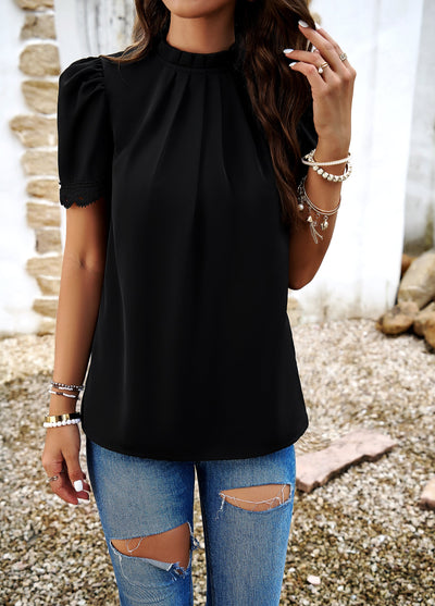 Elegant Pleated Blouse with Lace Puff Sleeves