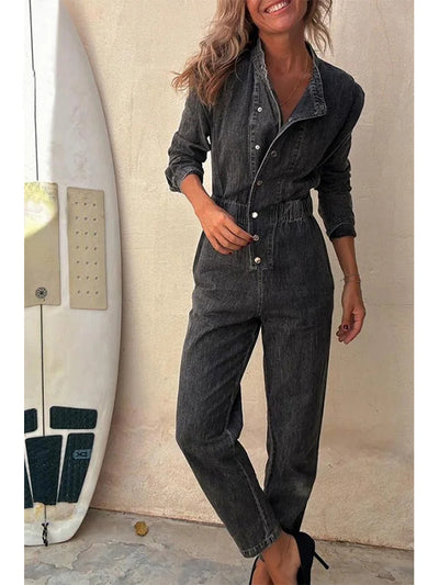 Women's Button-Front Relaxed Denim Jumpsuit