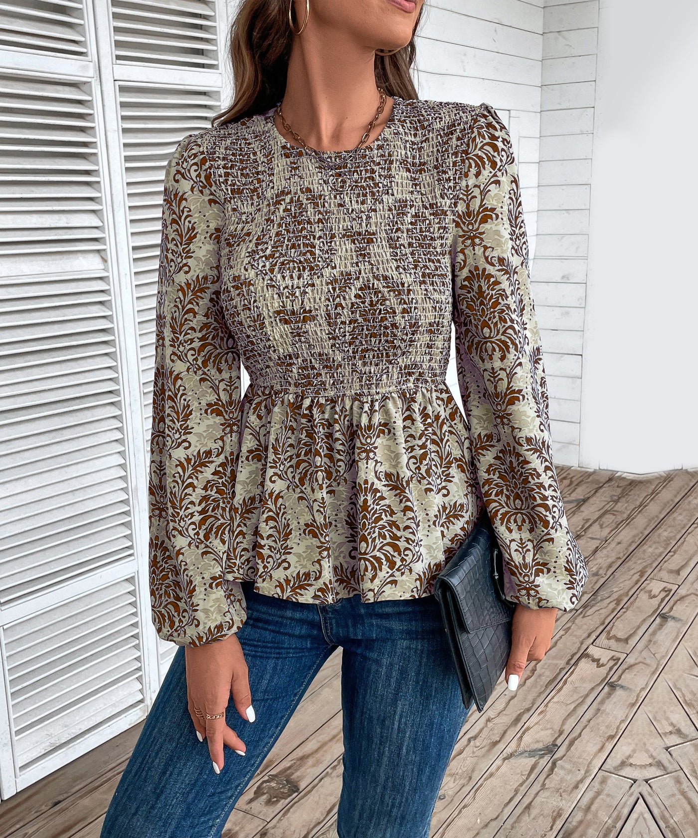 Top peplum fruncido con estampado floral para mujer