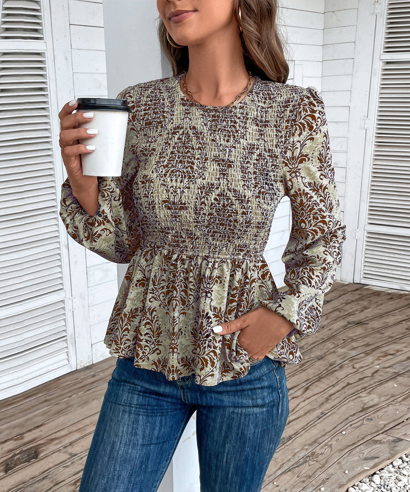 Top peplum fruncido con estampado floral para mujer