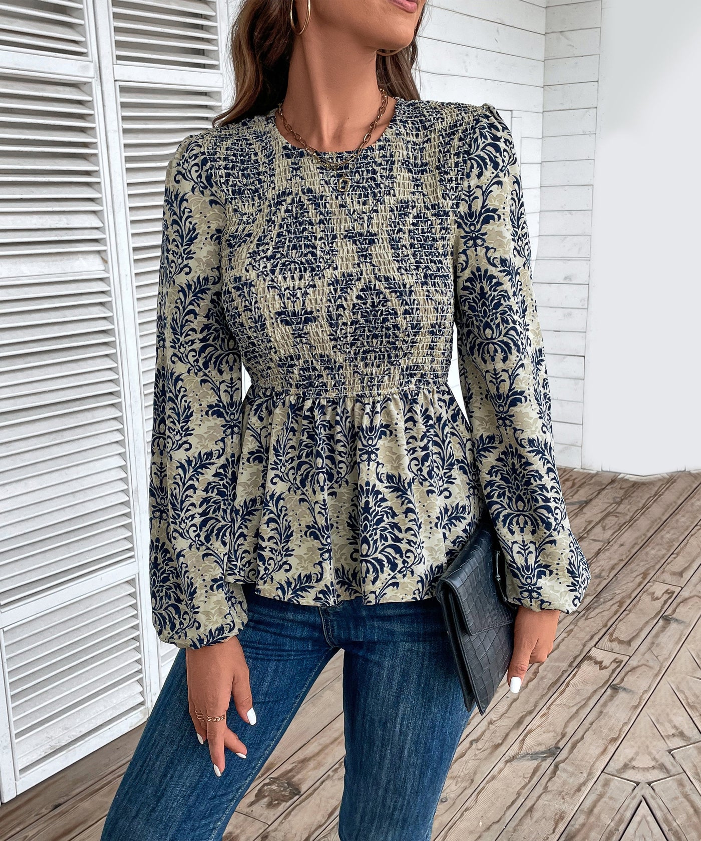 Top peplum fruncido con estampado floral para mujer