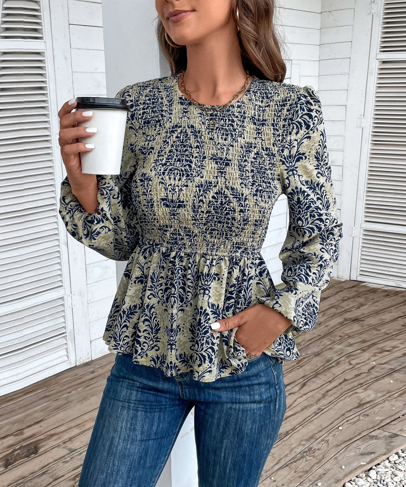 Top peplum fruncido con estampado floral para mujer