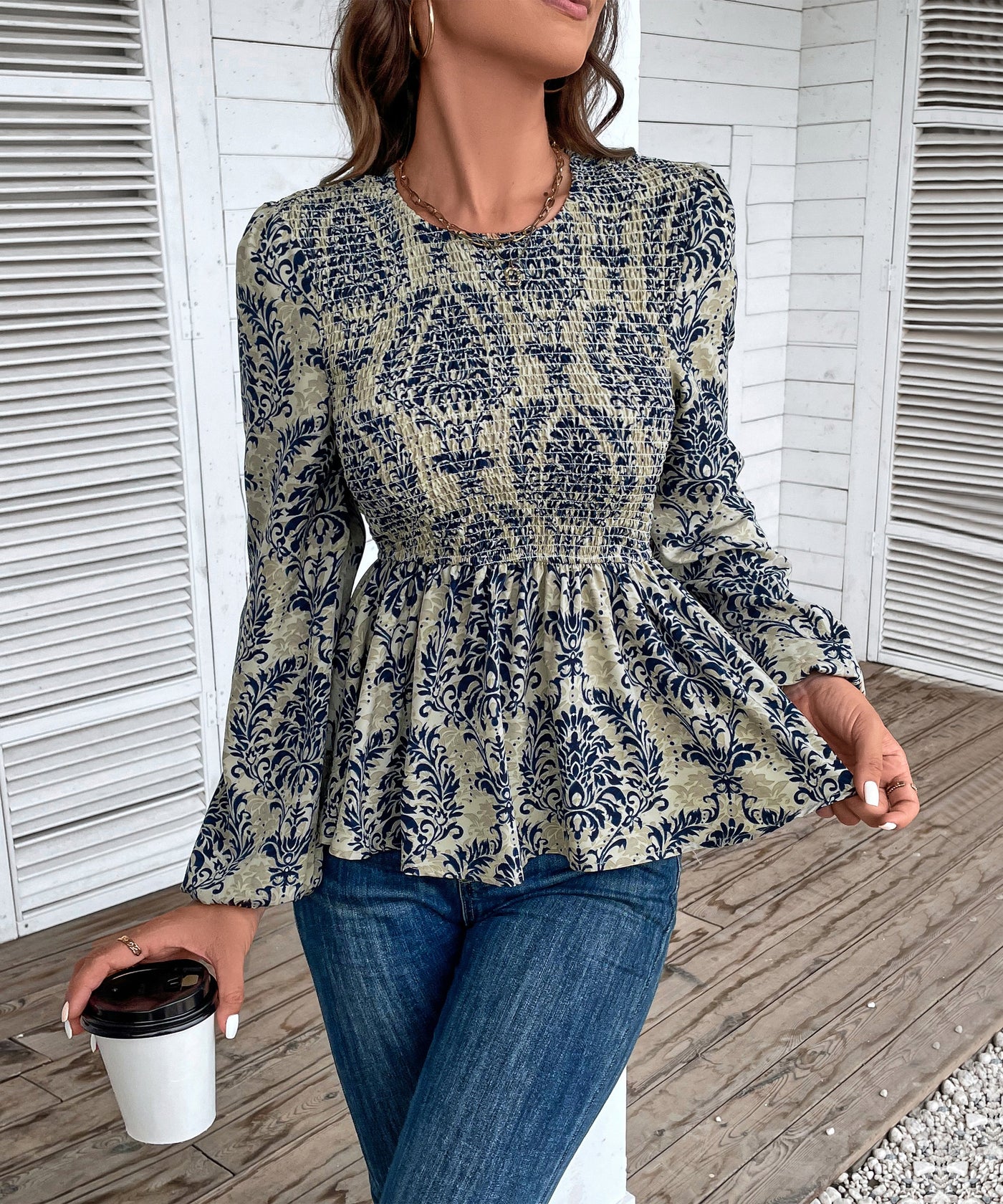 Top peplum fruncido con estampado floral para mujer