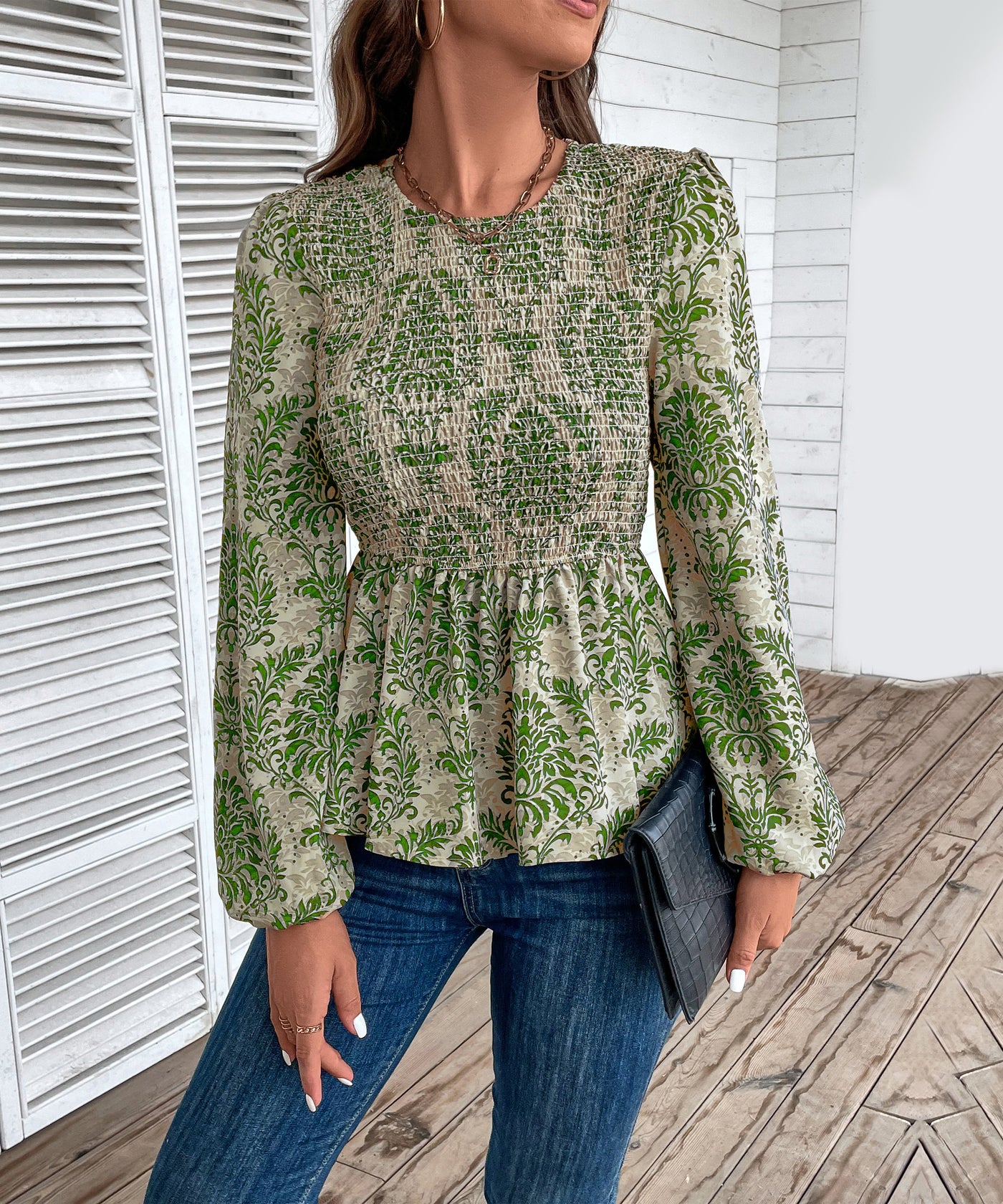 Top peplum fruncido con estampado floral para mujer