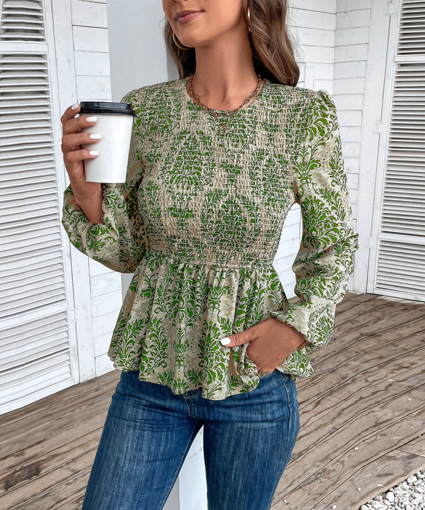 Top peplum fruncido con estampado floral para mujer