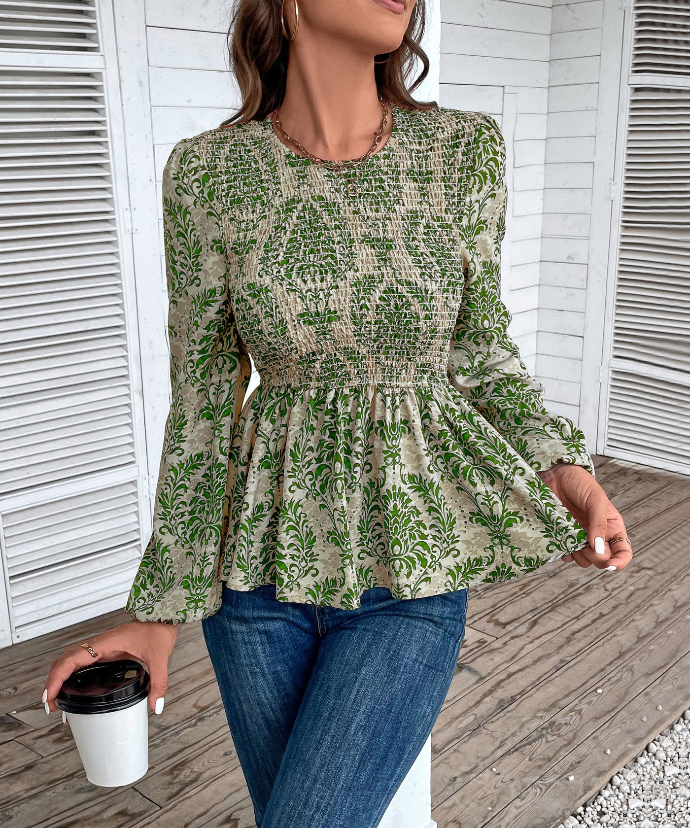 Top peplum fruncido con estampado floral para mujer