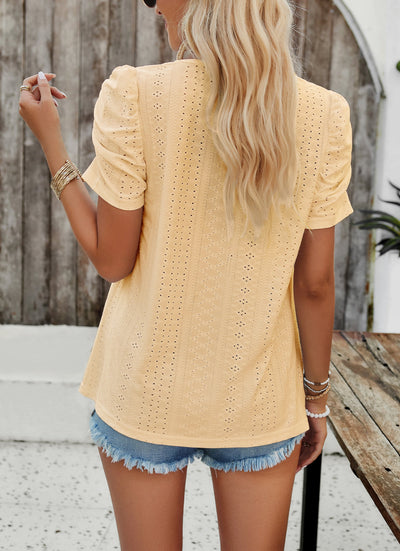 Ruched Sleeve Eyelet Knit Blouse