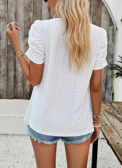 Ruched Sleeve Eyelet Knit Blouse