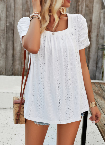 Ruched Sleeve Eyelet Knit Blouse