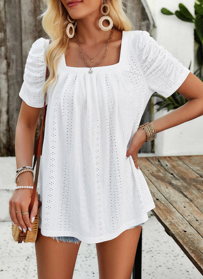 Ruched Sleeve Eyelet Knit Blouse