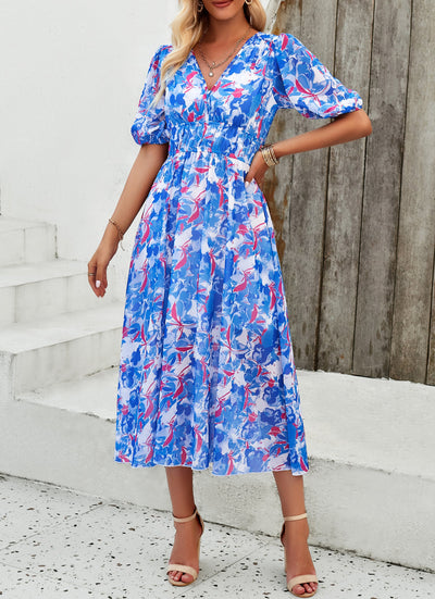 Floral Puff Sleeve Midi Dress