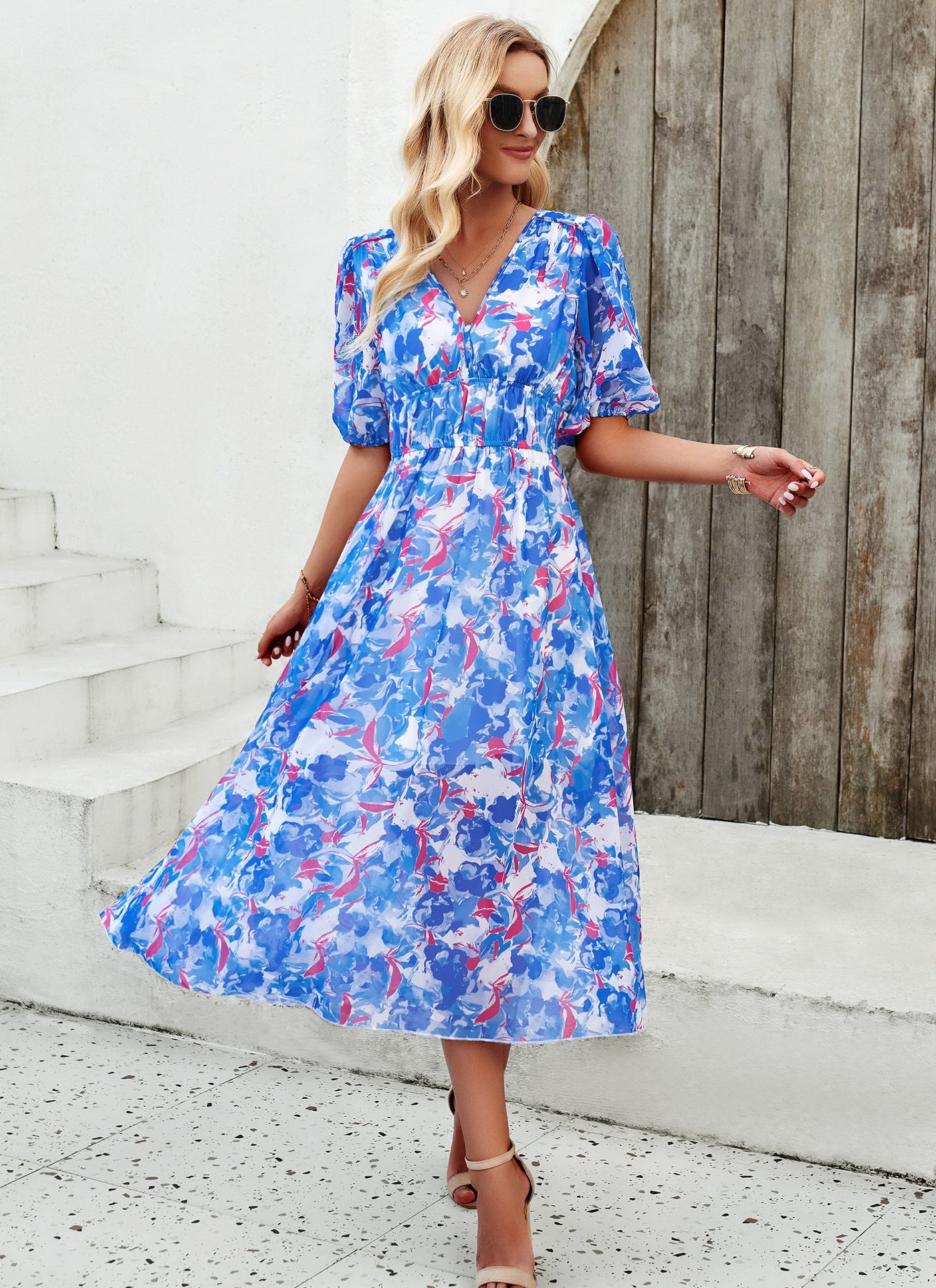 Floral Puff Sleeve Midi Dress