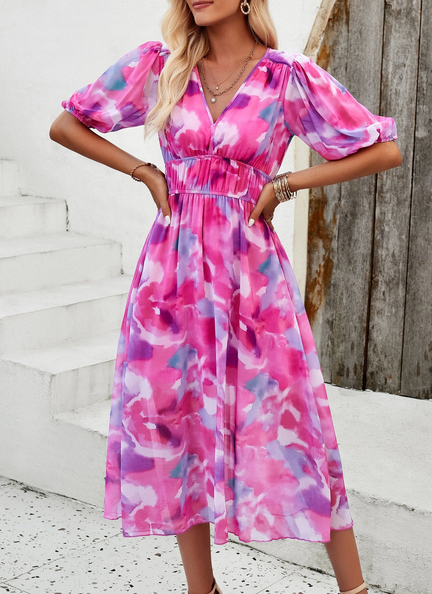 Floral Puff Sleeve Midi Dress