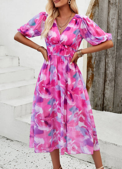 Floral Puff Sleeve Midi Dress