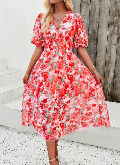 Floral Puff Sleeve Midi Dress