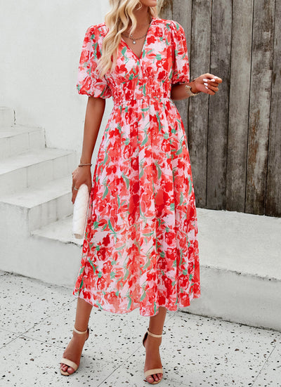 Floral Puff Sleeve Midi Dress