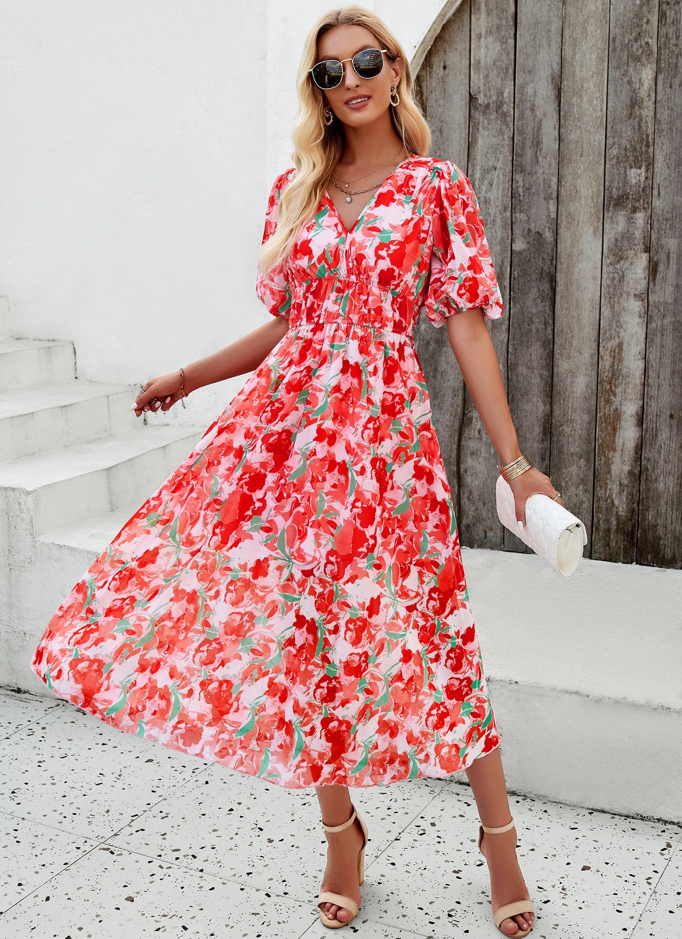 Floral Puff Sleeve Midi Dress