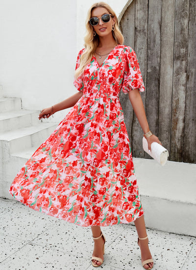 Floral Puff Sleeve Midi Dress