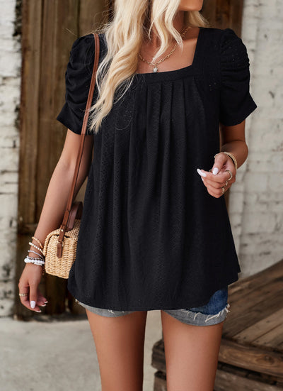 Ruched Sleeve Eyelet Knit Blouse