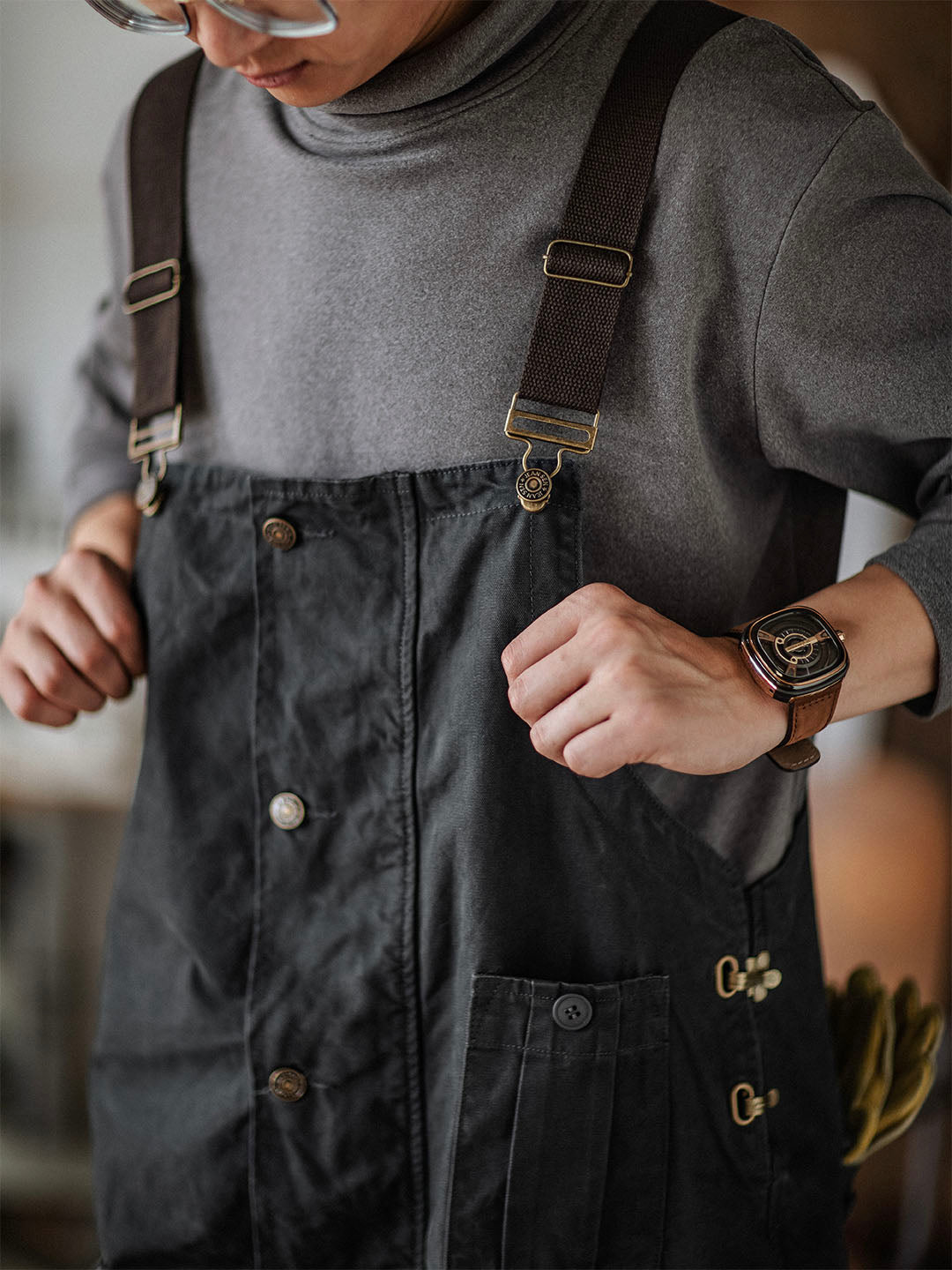 Mono de lona para hombre con bolsillos con solapa y botones en la parte delantera, ropa de trabajo