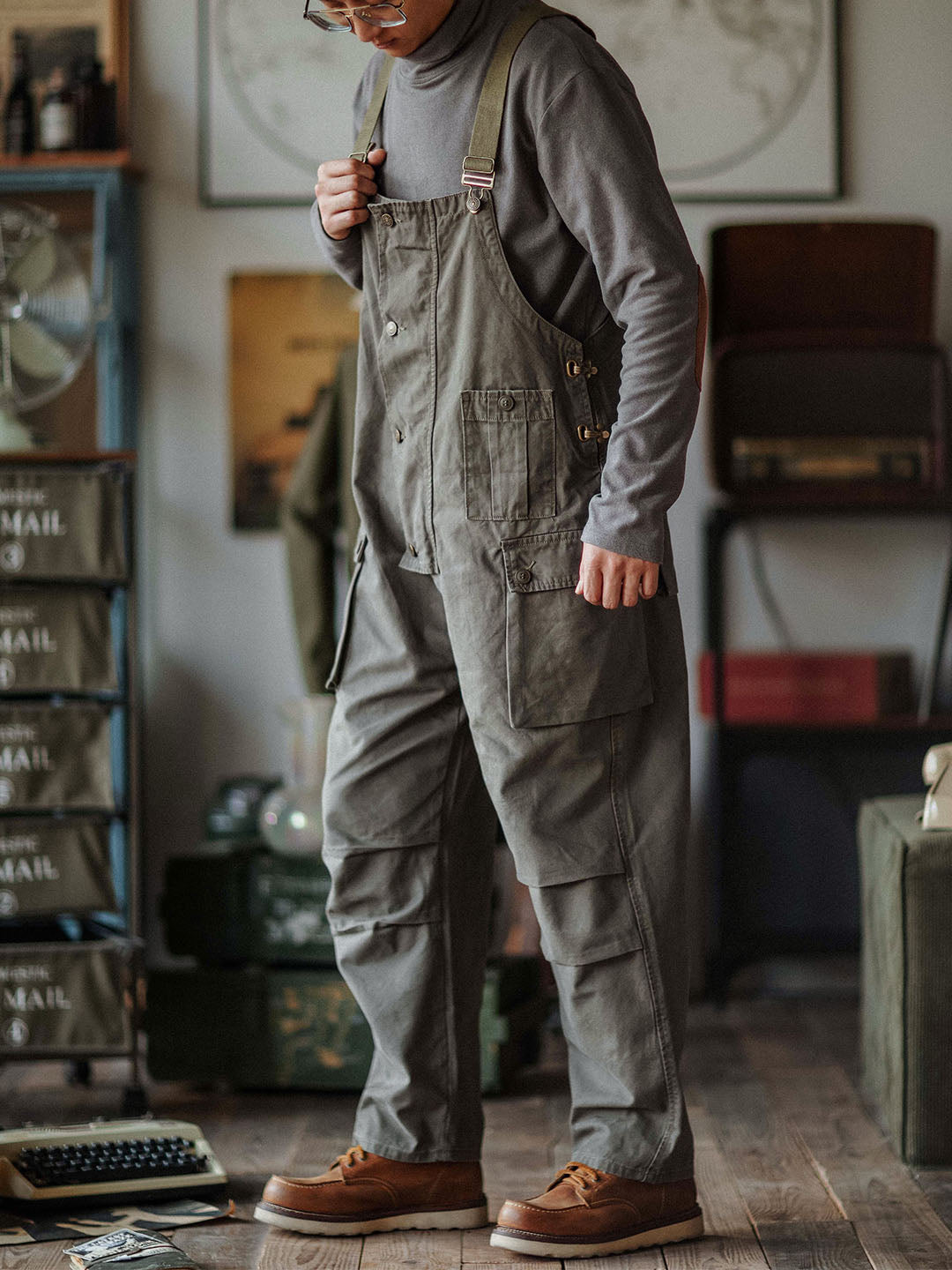 Mono de lona para hombre con bolsillos con solapa y botones en la parte delantera, ropa de trabajo