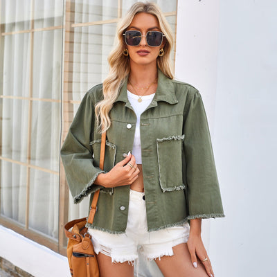 Women's Vintage-Inspired Distressed Hem Denim Jacket