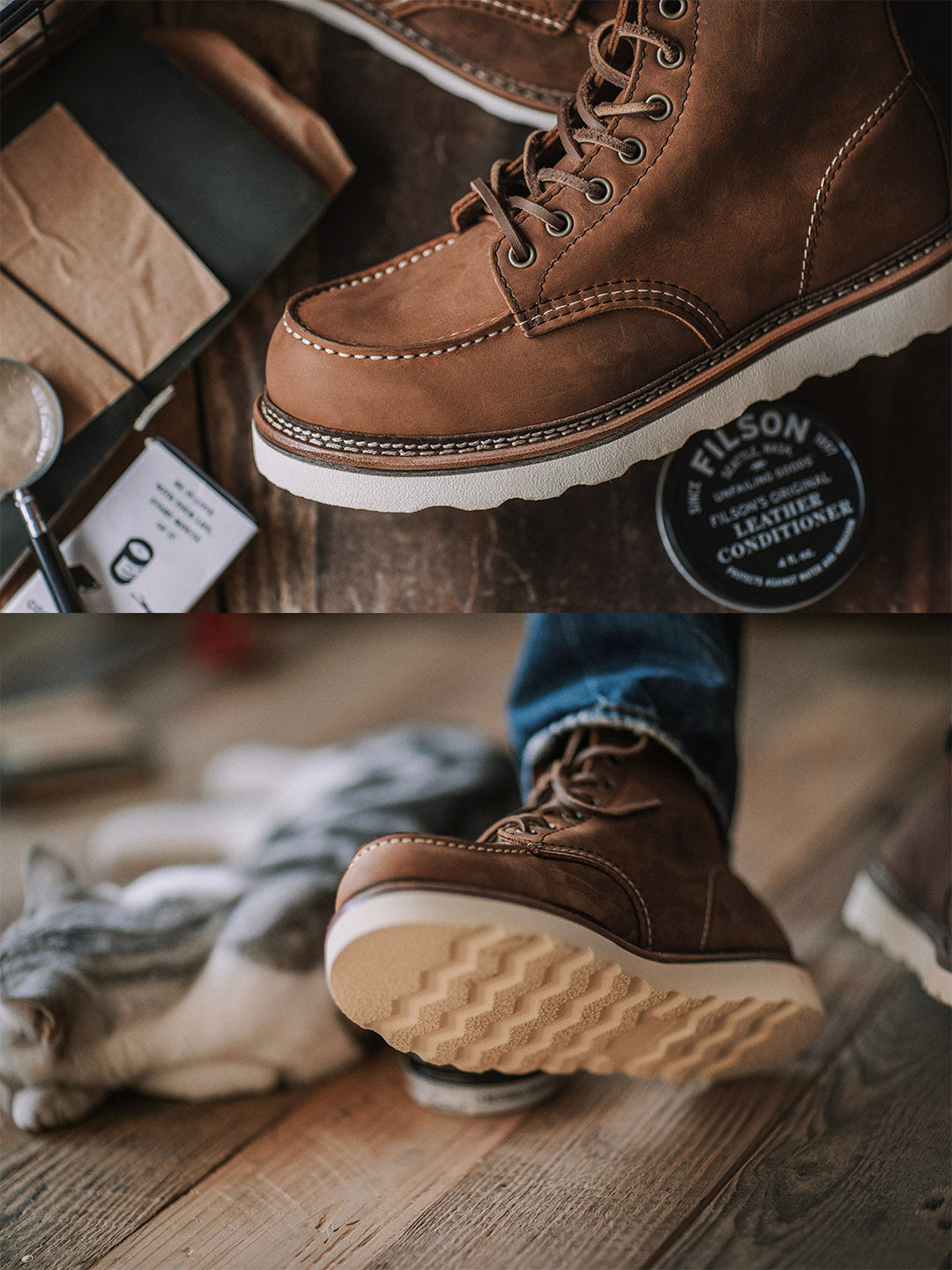 Botas de trabajo vintage con punta de mocasín de cuero de grano completo para hombres