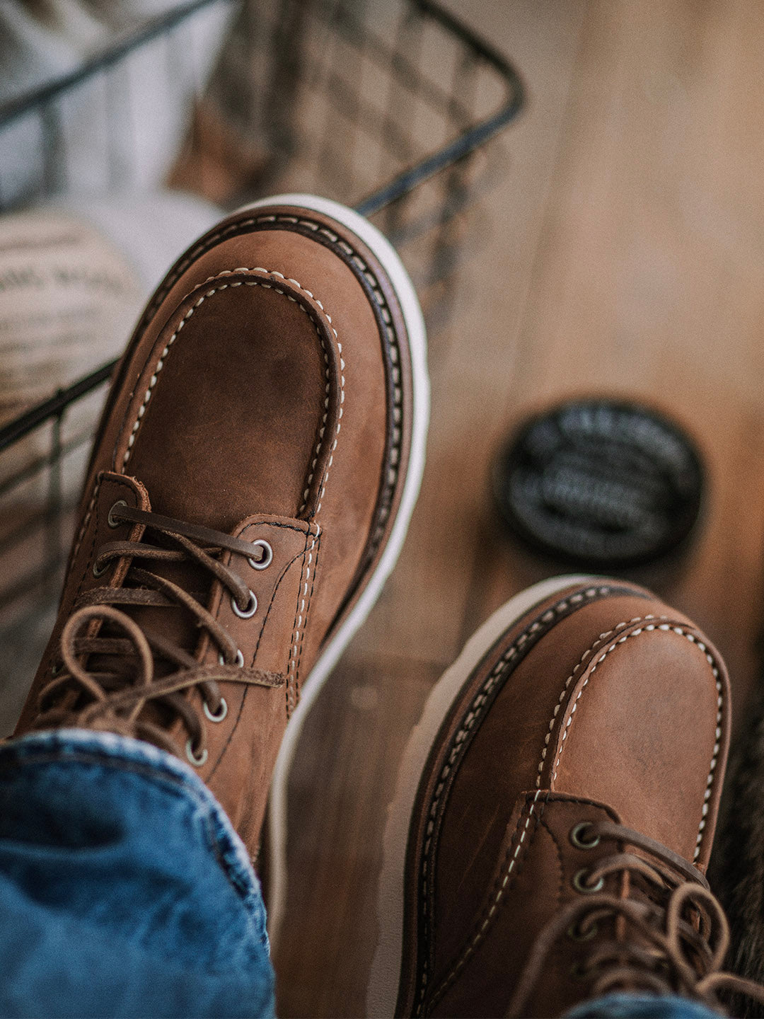 Botas de trabajo vintage con punta de mocasín de cuero de grano completo para hombres