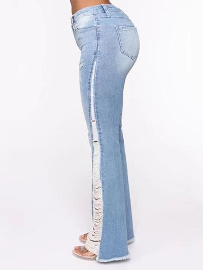 Side Seam Ripped Flare Jeans - Light Blue